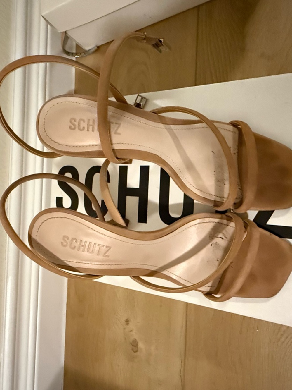 SCHUTZ Tan Strappy Square-Toe High Heel Sandals - Picture 2 of 3